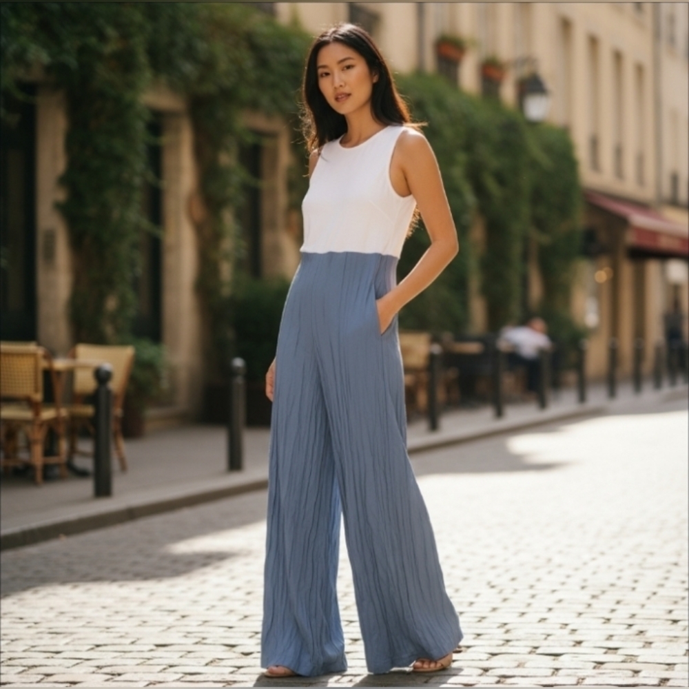 #02 NWT SHINESTAR Sleeveless White and Blue Jumpsuit LARGE P2p 15 L 54